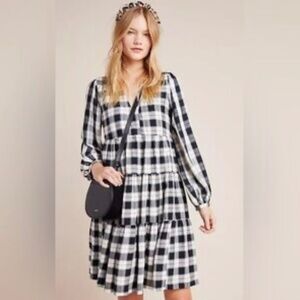 ANTHROPOLOGIE  Maeve 100% Viscose Tiered Plaid Midi Dress Partly Lined US Sz XS